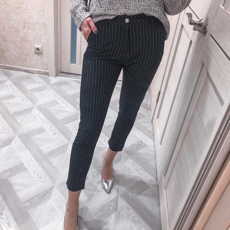 

Casual Women Striped Pencil Pants Women High Waist Suit Pant Pockets Work Business Trouser Female Bottom 2019 pantalon