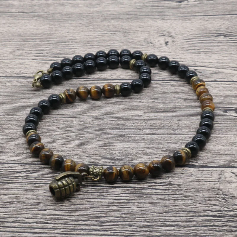 

2018 Men Black Beaded Necklace Natural Tiger Eye Stone Common Soldier Bomb Nacklace Men Jewellery Spiritual Gifts For Him SU-09