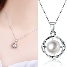 Fresh Water Pearl Pendant Necklace For Women Elegant Round Hollow Out Necklace Silver Lady's Collarbone Chain Wholesale