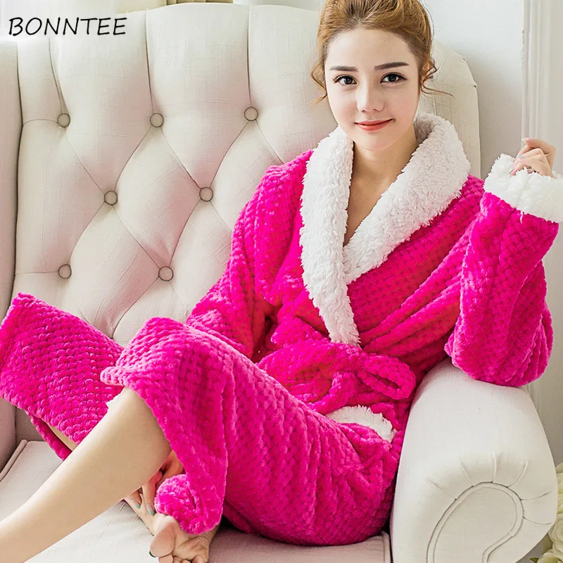 

Robes Women Thick Warm Long Sleeve Plush Patchwork Flannel Womens Bathrobe Sleepwear Females Winter Leisure Robe Pajamas Elegant