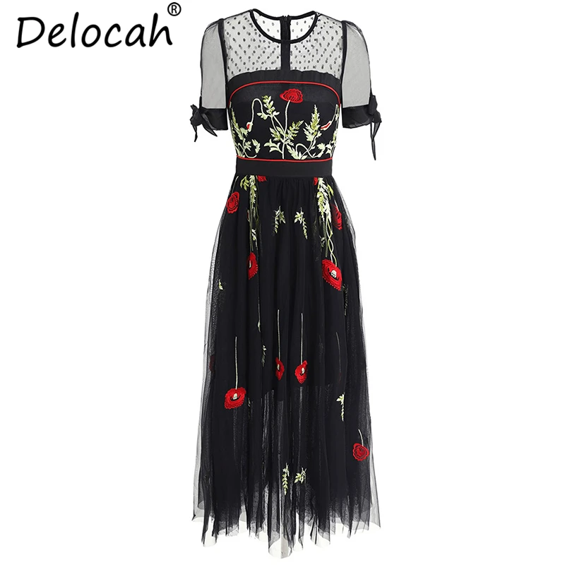 

Delocah New Women Summer Dresses Runway Fashion Short Sleeve Flower Embroidery Mesh Overlay Collect Waist Vintage Midi Dresses