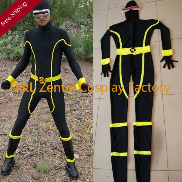 

Real Free Shipping Adult X- Men Cyclops Costume Black Lycra Spandex Open Face Zentai Superhero Costume Cosplay Costume XM1043