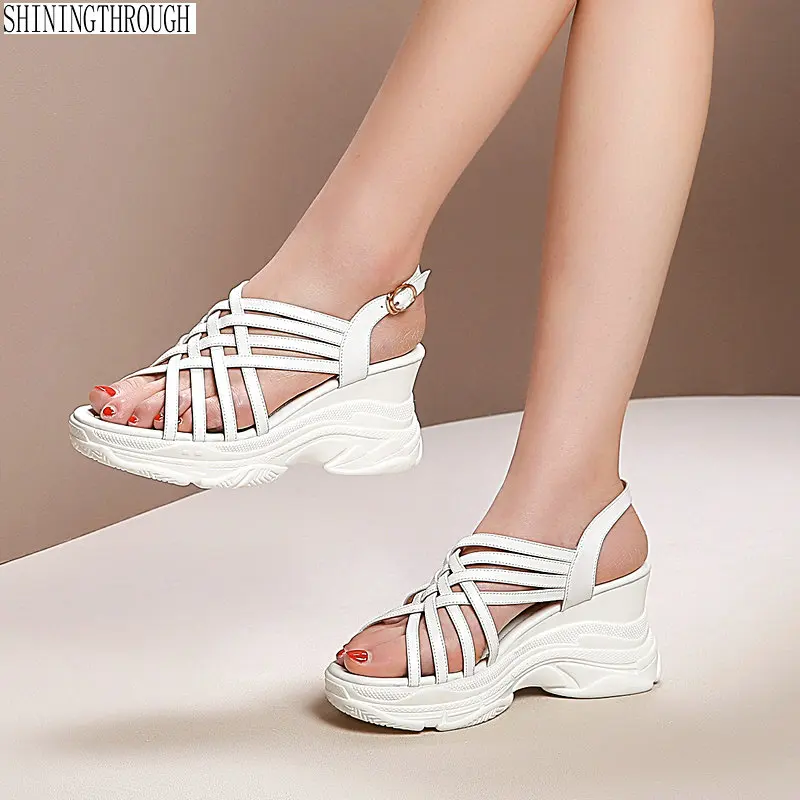 

Women Real Genuine Leather High Wedges Sandals Thick Bottoms Slipper Summer Shoes Women Sandal Size 33-42