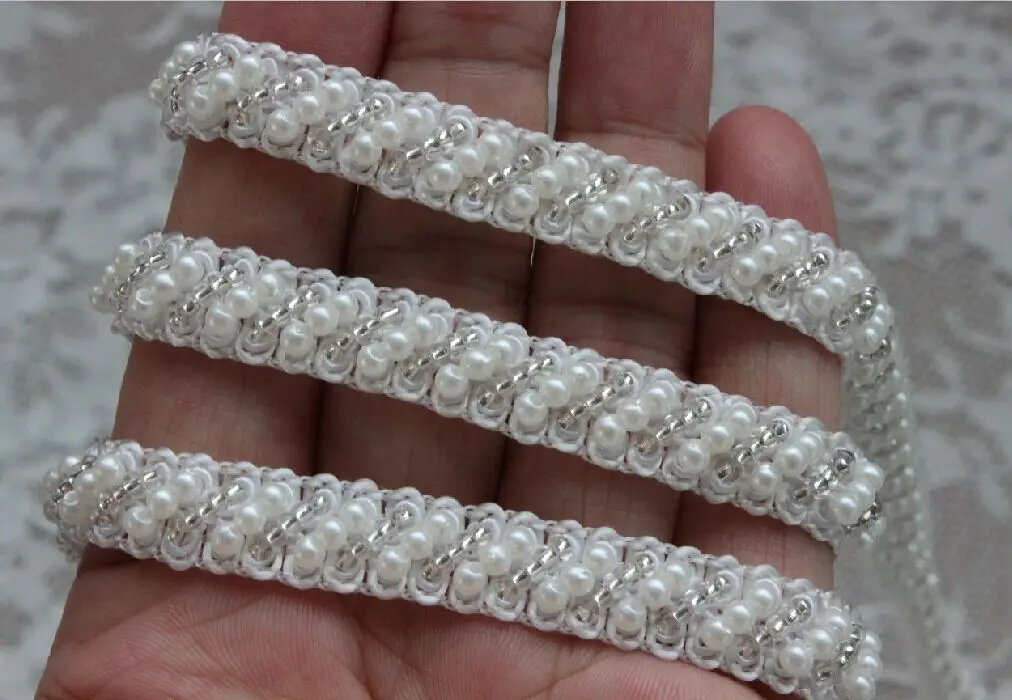 15yards Craft Braided Beaded Fake Pearls Rhinestones Trim Embroidered