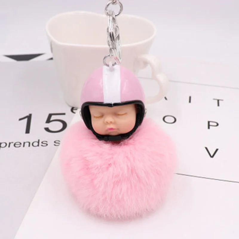 

Helmet Sleeping Baby Doll Keychain Key Holder Women Car Bag Charms Pendant Key Ring Cute Pompom Fur Ball Key Chain