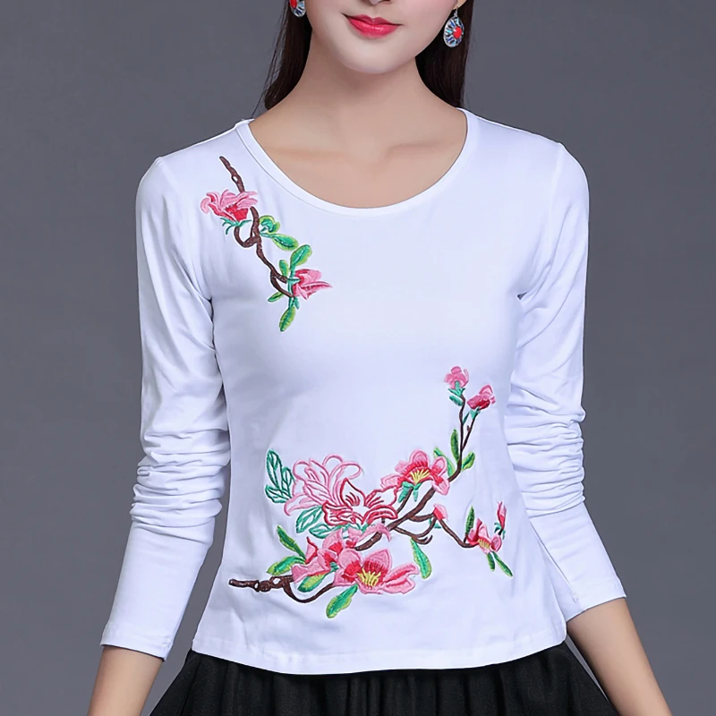 

95% Cotton Ethnic Embroidery T shirt Women Plus size O neck Spring Tops Long sleeve Autumn Bottoming Solid color White Tee Shirt