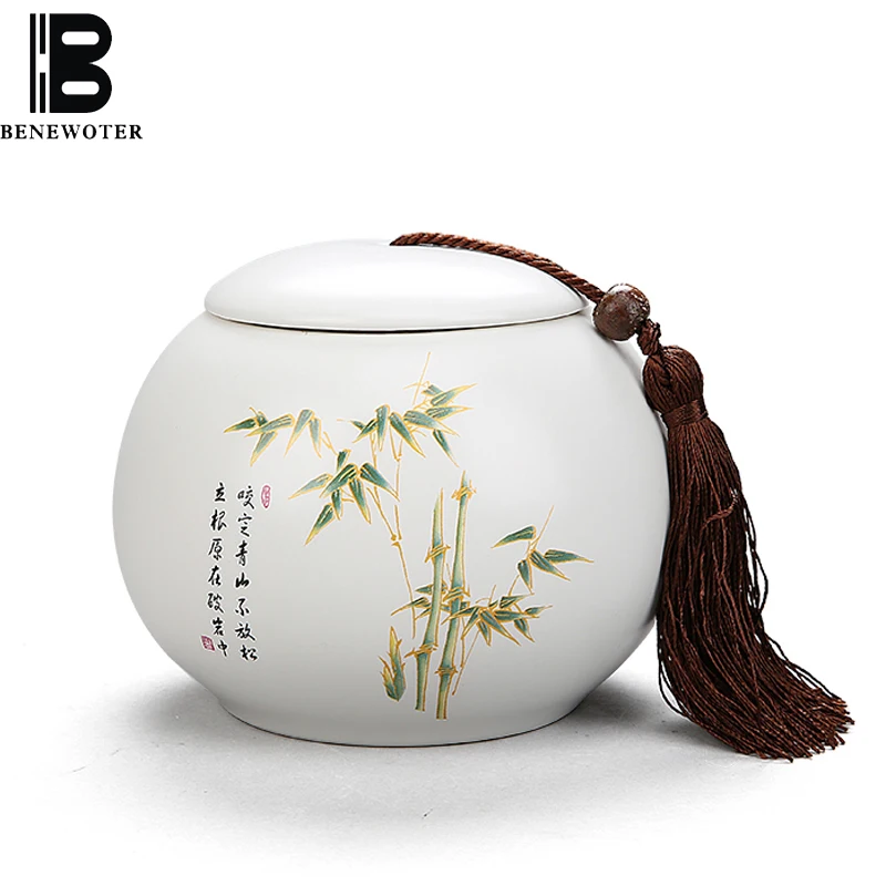 

Creative Hand Painted Bamboo Pattern Tea Caddy Boutiques White Ceramic Tea Cans Food Sealed Canister Spice Powder Storage Jars
