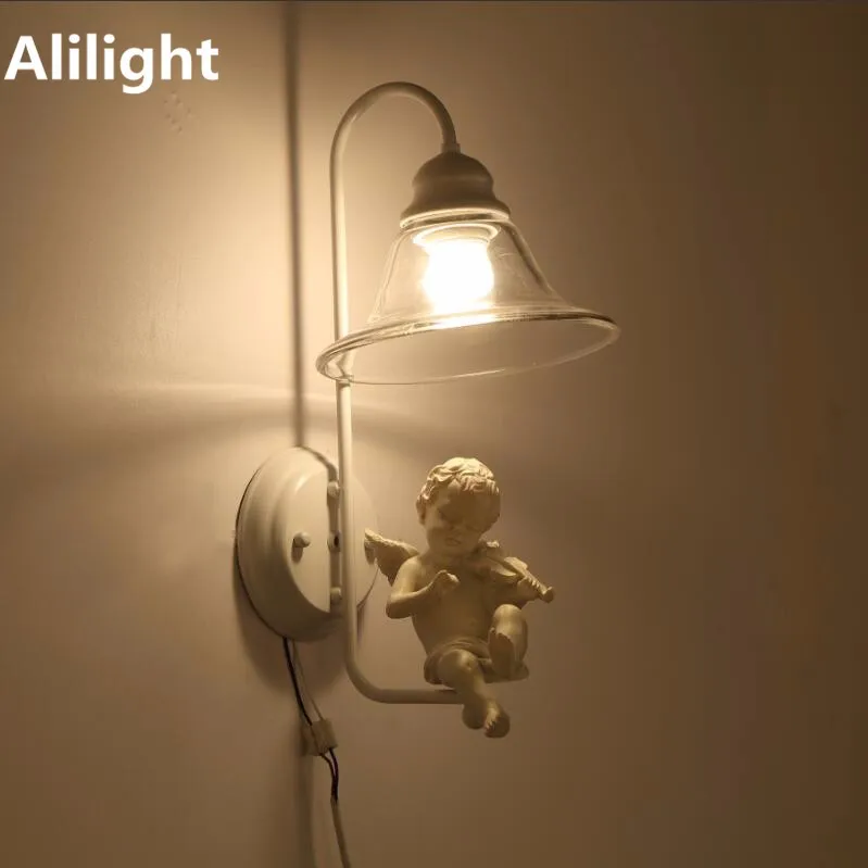 American-Wrought-Iron-Lovely-Angel-Crystal-Wall-Lamps-Angel-Trumpet-Or-Angel-Playing-The-Violin-Resin