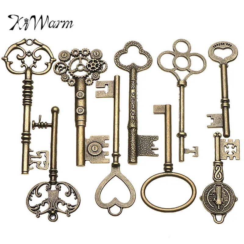 

KiWarm 9PCS Large Antique Vintage old Brass Skeleton Keys Lot Cabinet Barrel Lock Necklace Pendant Decor DIY Jewerly Crafts