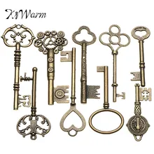 Kiwarm chave esqueleto de bronze antigo, 9 peças, vintage, de bronze antigo, chaves de armário, barril, fechamento, colar, pingente de decoração, artesanato diy