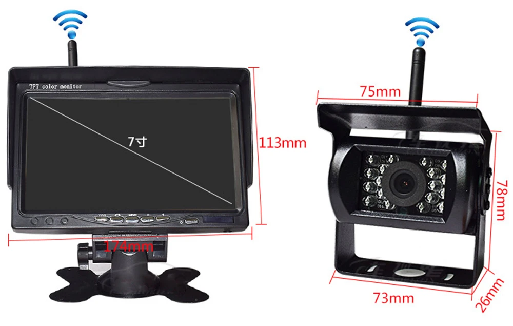 Wireless 7 Inch TFT LCD Color Monitor Car Parking Rear View Camera