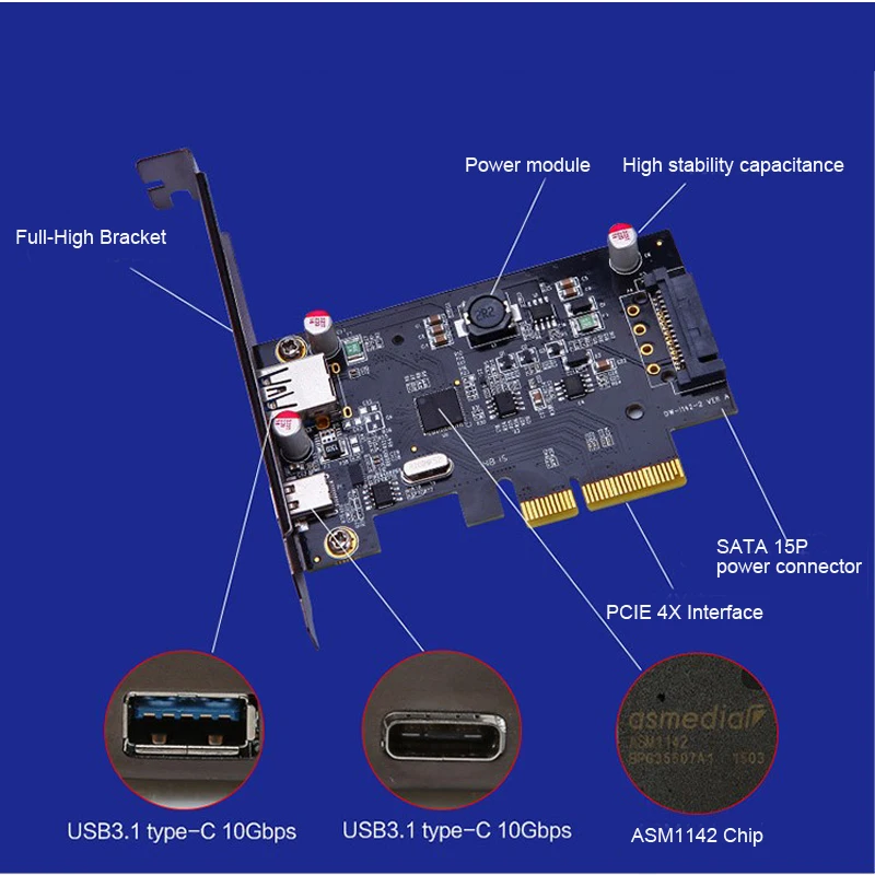 DIEWU USB 3,1 type C PCIe Плата расширения PCI-e до 1 type C 1 type A 3,0 USB адаптер PCI Express контроллер концентратор для настольного ПК