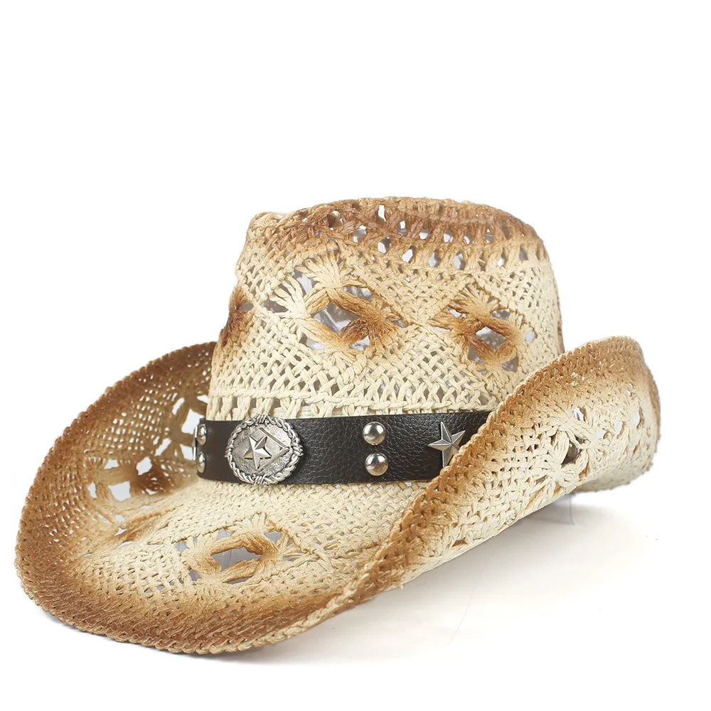 Cowboy Hats Summer Women Men Straw Hollow Western Cowboy Hat Punk Brand Sombrero Hombre Beach Cowgirl Jazz Sun Hat Size 56-58CM