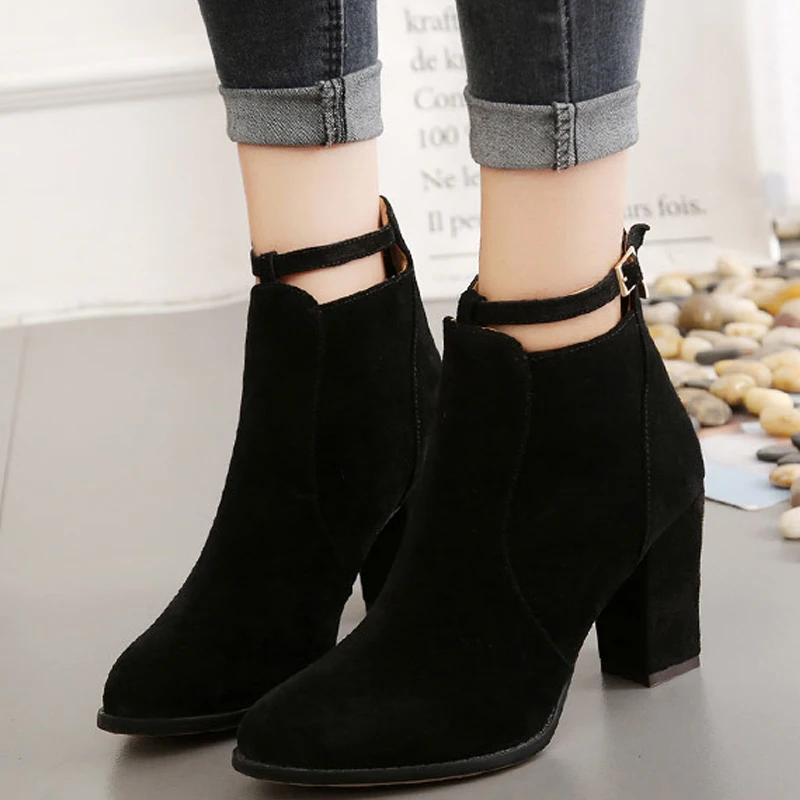 Figraton Women's Shoes Ankle Boots Autumn Winter Elegant Women's Solid Color Round Toe Buckle High Heels Pumps