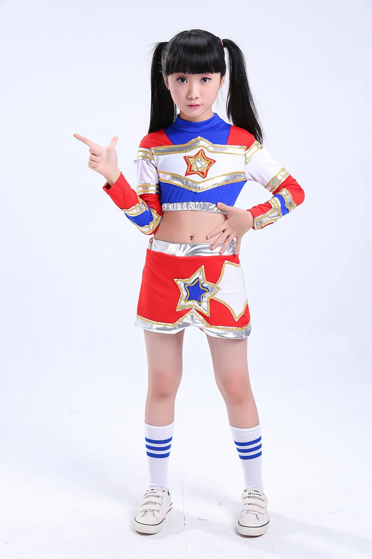 الفتيان الفتيات ملابس رقص المشجع زي الحديثة أزياء رقص الاطفال طويلة الأكمام المشجع زي الفتيان girs السراويل السراويل