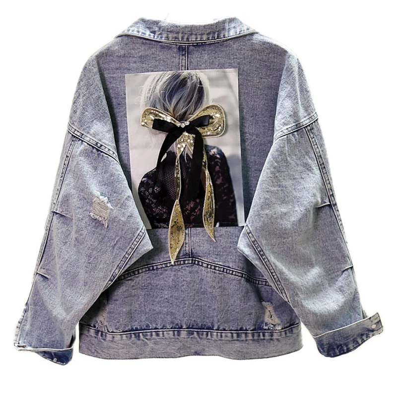 

Autumn Women's Denim Jacket Fashion Harajuku Print Designs Loose Jean Coat Female Casual Female Jacket Pockets Ladies Outerwear