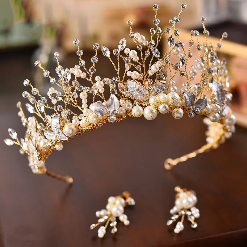 Корейские свадебные аксессуары для волос, свадебные украшения, ювелирное изделие, металлический кристалл, Золотая повязка на голову для девочек, тиара, корона, повязка на голову с серьгами