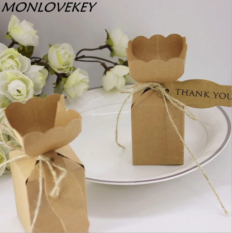 

50pcs Kraft Paper Vase Flower Candy Chocolate Box With Thank You Tag Boxes For Wedding Party Birthday Baby Shower Favors Gifts