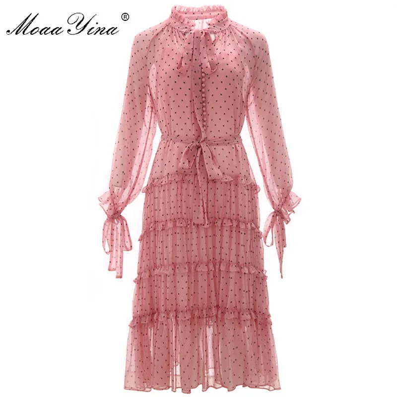 

MoaaYina Fashion Designer Runway dress Spring Summer Women Dress Bow Long sleeve Wave point Ruched Pink Chiffon Dresses
