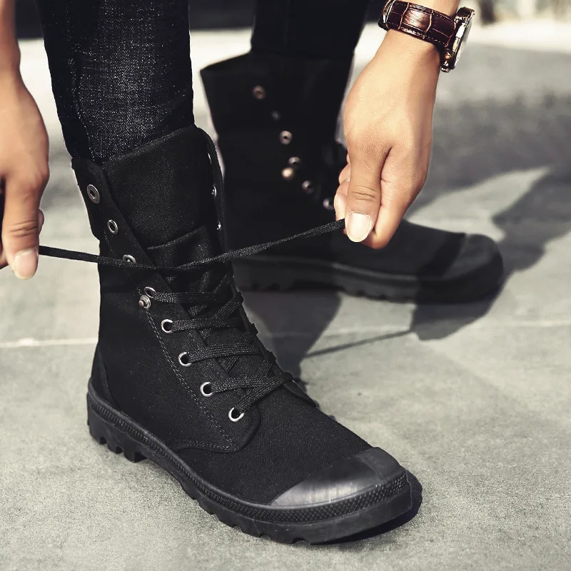 

New Fashion all Black Men Casual Canvas flats Shoes Boys Tenis high top outdoor Non-slip Sneakers shoes Military boots jko90
