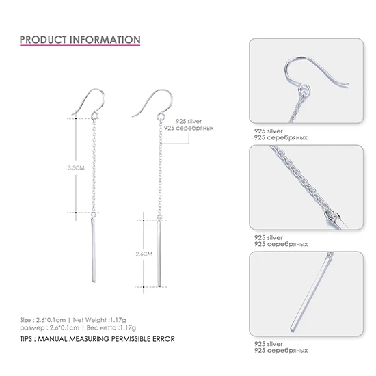 E-Manco 925, серебряные серьги с подвеской на цепочке, длинные серьги для женщин, Новое поступление, простые серьги, EMER038 - Цвет камня: EMER038-1 Silver