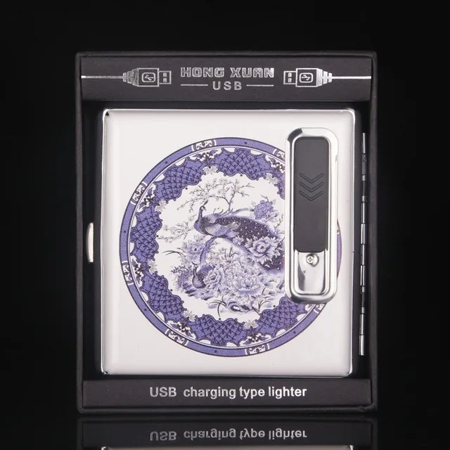 

Exquisite Blue and White Porcelain Pattern Cigarettes Case with Lighter USB Charging Plasma Lighter Holder 20pcs Cigarettes