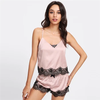 

Pink Spaghetti Strap Lace Applique Satin Cami Top and Shorts Pajama Set Fall Womens Sleepwear Pajama Set