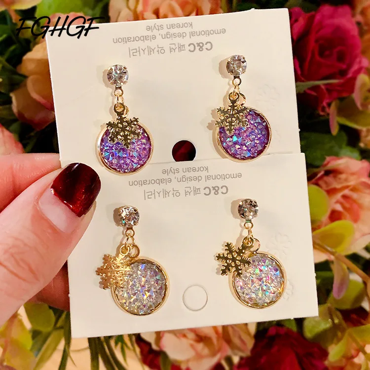 

FGHGF 2019 New Fashion Crystal Ball Luxury White Purple Snowflake High Quality korean Earrings For Woman Party Wedding Jewelry
