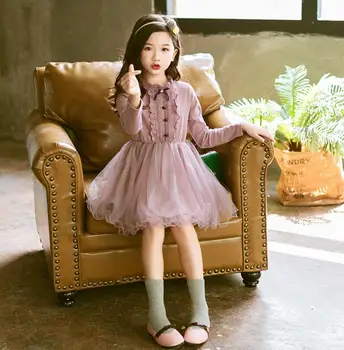 

Girl Dress Autumn Spring Girls Princess Lace Dresses Fashion Kids Long Sleeve Princess Bow Collar Dress Good quality