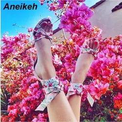 Aneikeh/женские босоножки на высоком каблуке, летние туфли-гладиаторы на тонком каблуке с перекрестными ремешками и цветами, вечерние Женская