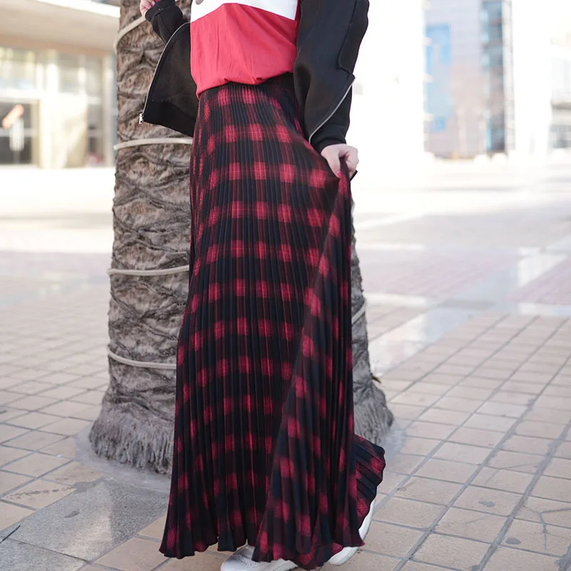 Linha de Cintura Mulher Saia Xadrez Primavera Verão Uma Alta Longo Plissado Maxi Saias Femme 12 Mulher saia xadrez primavera verão uma linha