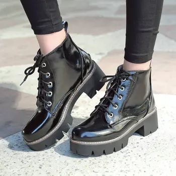 

2019 Autumn Winter Fashion Ankle Boots Patent Leather Square Low Heel Martin Boots Round Toe Lace Up Women Shoes Silver Black