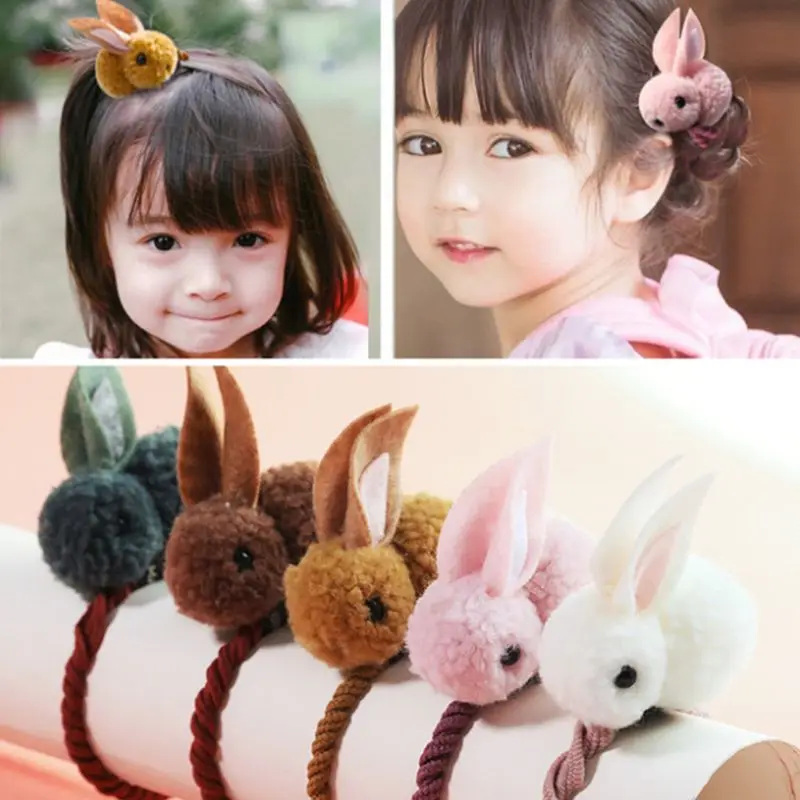 

Korean Child Baby Girls Hair Rope Duckbill Clip Cute 3D Plush Rabbit Doll Rubber Band Hairpins Colored Ponytail Holder Barrettes