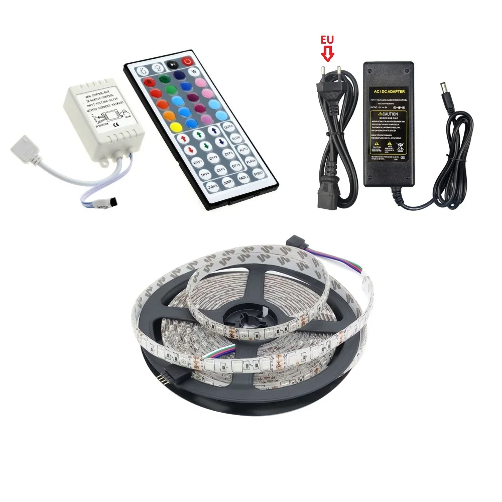 

LED strip light 5M 5050 SMD Epoxy waterproof-RGB lamp+44 key remote control+AC100-240V to DC12V-5A-Power Adapter+Eu plug 8.14