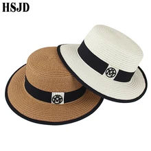 2019 New Summer Round Flat Top Boater Sun Hats for Women M Panama Straw Beach Hat Female Fedora Travel Sun Cap Chapeau Feminino ht915 women boater sun caps ribbon bow round flat top straw fedora panama hat summer hats for women white straw beach sun hats