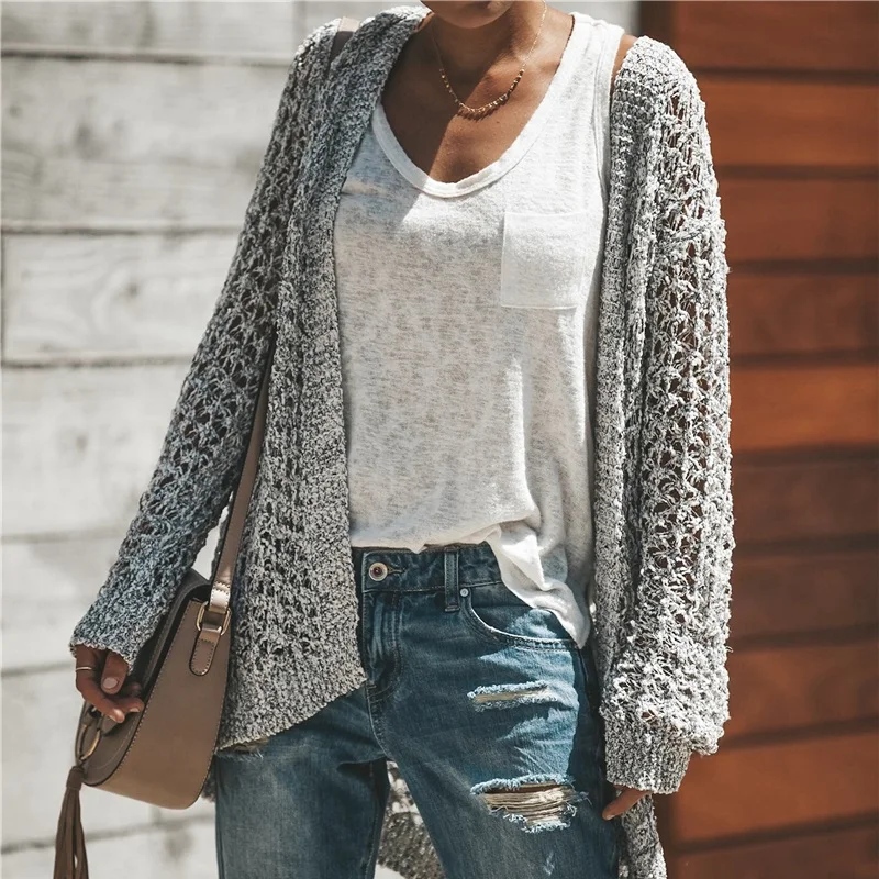 Cardigan Hiver Casual Jumper Argent Tricot Long Lâche Sunjinacro Chandail Tricoté Femelle 2018 Chaud Évider Femmes 80PnwOkX