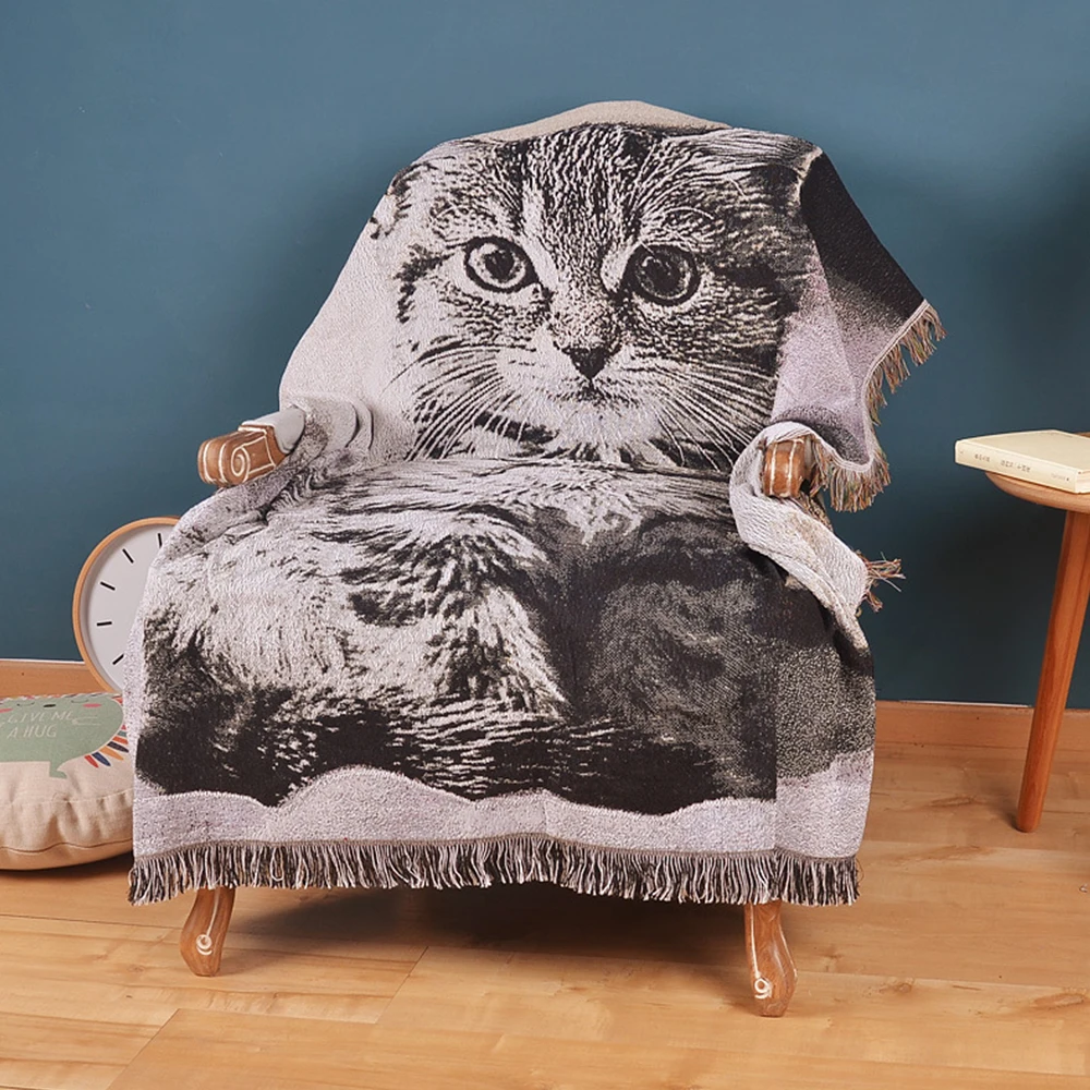 ФОТО yazi Cat 100% Cotton Soft Thread Blanket Double Faced Crochet Throw Bed Lid Carpets Chair Sofa Cover Home Decorative Tapestry