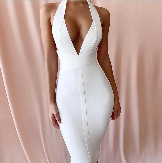 

Ocstrade White Bandage Dresses New Arrivals Summer Deep v Neck Sexy Bodycon Dress Women Backless Party Club Dress Black Red