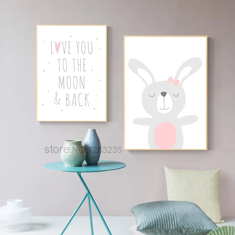 Bear Rabbit Nordic Poster Nursery Wall Pictures For Living Room Cartoon Baby Girl Room Decor Wall Art Canvas Painting Unframed