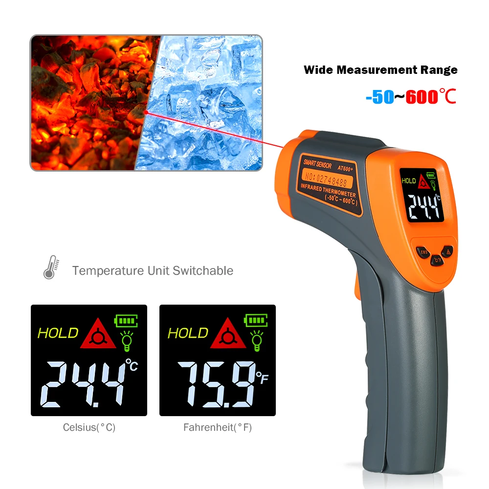 

Digital Infrared Thermometer -50~600 C Non-Contact laser IR Temperature Gun color LCD display Emissivity Adjustable AT600+