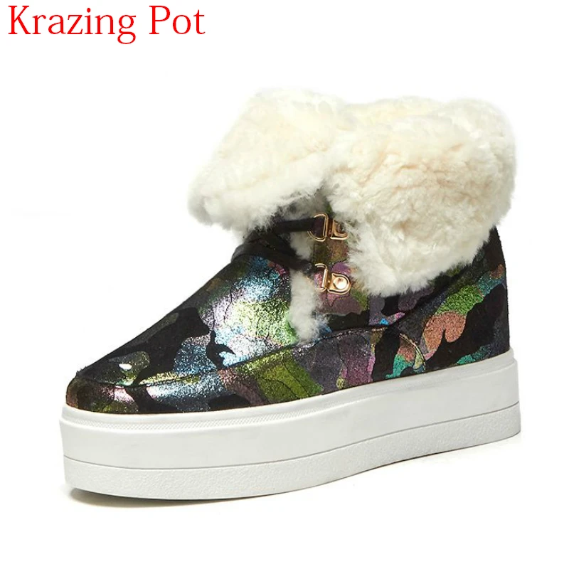 

New Arrival Genuine Leather Wool Printing Ankle Boots Round Toe Flat Platform Camouflage Increasing Keep Warm Snow Boots L23