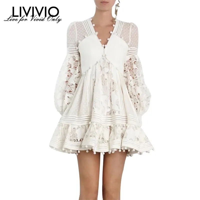 

[LIVIVIO] Summer Elegant High Waist Dress For Women V Neck Lantern Sleeve Hollow Out Patchwork Mini Dresses Female 2019 Summer