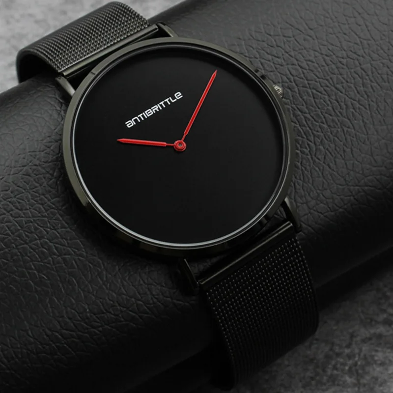 Japan Quartz Fashion Black Luxury Ultra Thin Man Business Watch Red Hand Woman Leather Magnet Mesh Stainless Steel Waterproof