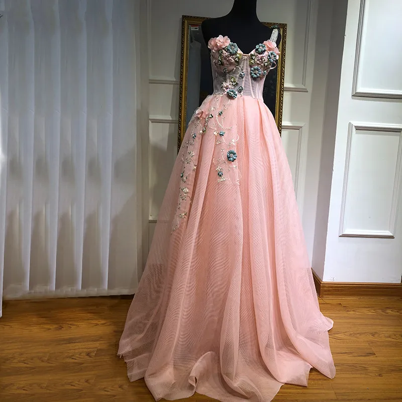 

Pink Muslim Evening Dresses 2019 A-line One-shoulder Tulle Pearls Long Islamic Dubai Saudi Arabic Long Formal Evening Gown