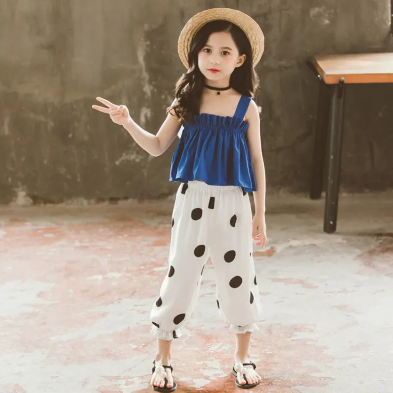 

Summer Baby Girls Sport Clothes Set Sleeveless Top+ Dot Pants 2pcs Suit Children School Princess Perform Clothes Set For Girls