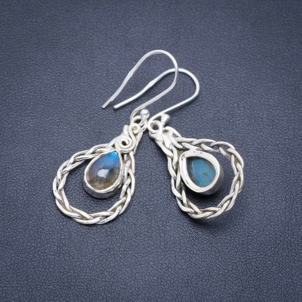 

Natural Blue Fire Labradorite Handmade Unique 925 Sterling Silver Earrings 1.75" A2159