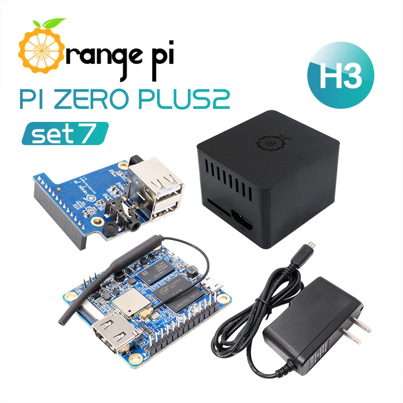 Оранжевый Pi Zero Plus 2 H3 Комплект 7: Zero Plus 2 H3+ защитный чехол+ плата расширения+ блок питания OTG US, за пределами Raspberry