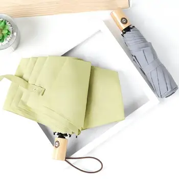 

TECHOME Solid Color Fully Automatic Windproof Wood Handle Retro Adult Tri-fold Umbrella Rain High Quality Pongee Umbrella