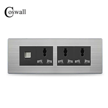 

COSWALL Luxury Universal Power Socket 3 Way Wall Outlet With Telephone Port Stainless Steel Panel 197*72mm