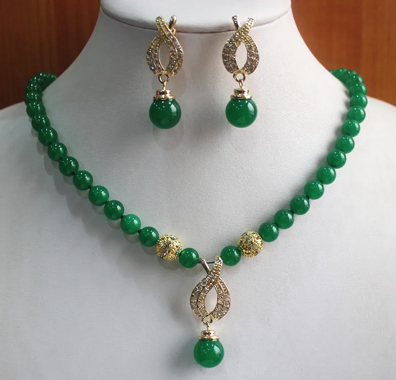 

elegant 8mm green jade necklace 18kgp dangle earring&pendant jewelry set
